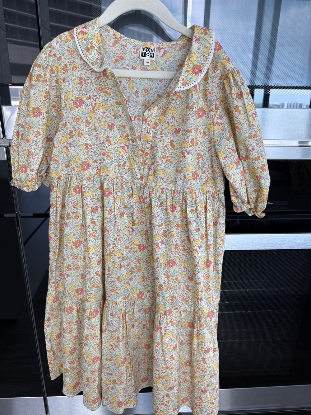 Bonton Girls' Yellow and Pink Floral Tiered Cotton Dress